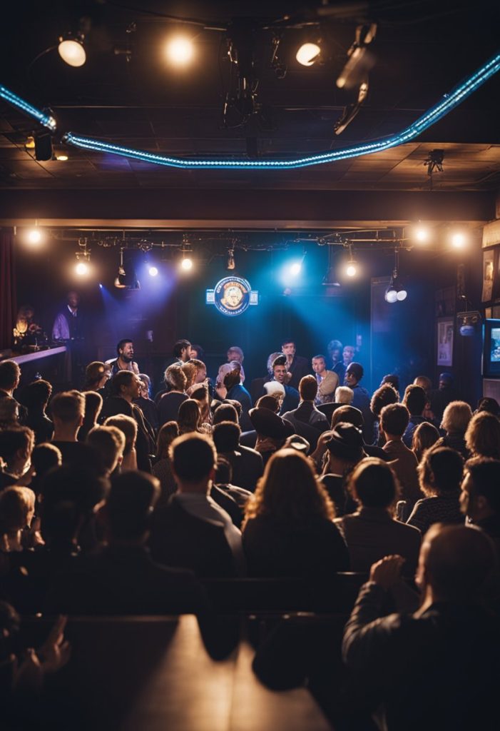 A crowded comedy club with a stage, microphone, and audience laughing. Bright lights illuminate the performers