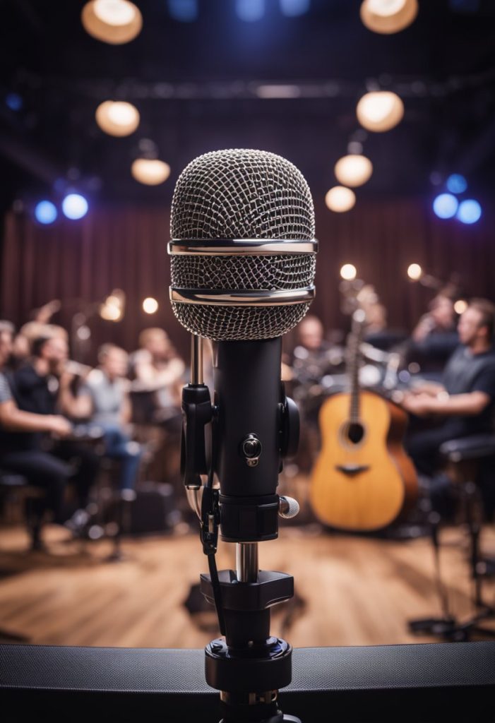 A stage with a microphone surrounded by musical instruments and comedy props. Laughter and music fill the air as the audience enjoys a fusion of comedy and live music