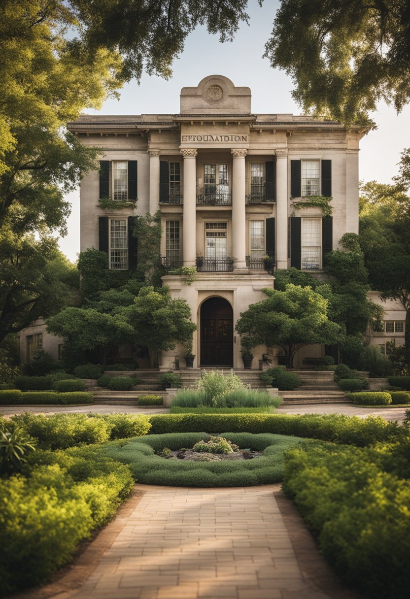 The historic Waco Foundation stands proudly amidst lush gardens, with its elegant architecture and well-preserved details capturing the essence of a bygone era