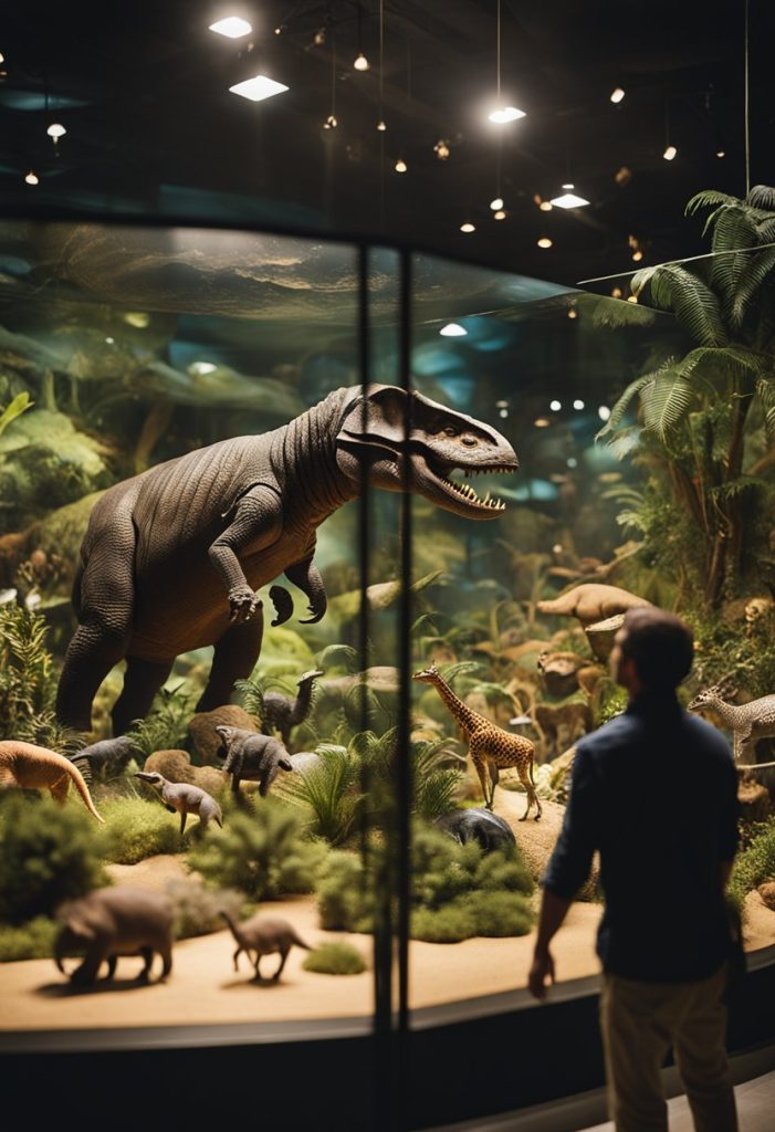 Visitors wander through lifelike dioramas of prehistoric creatures in the Mayborn Museum's natural history exhibit