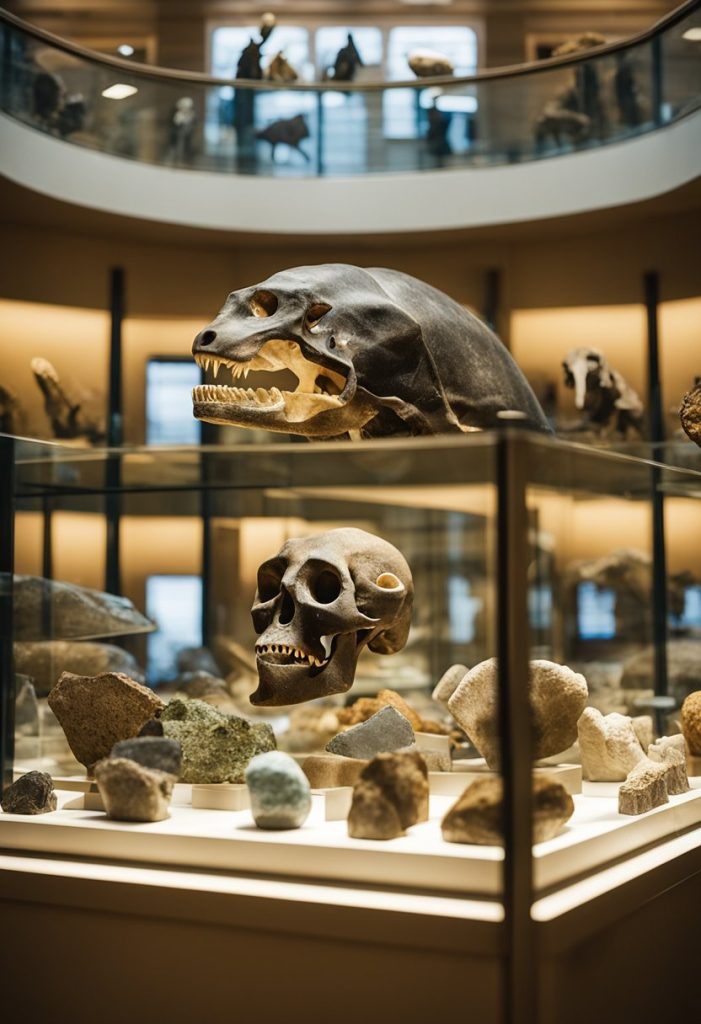 A diverse collection of fossils, minerals, and taxidermy animals displayed in well-lit glass cases at the Cultural and Natural Science Treasures natural history museum in Waco