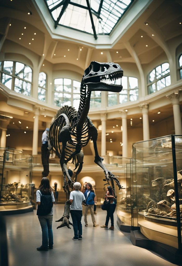 Visitors explore dinosaur skeletons, fossils, and interactive exhibits at Waco's natural history museum