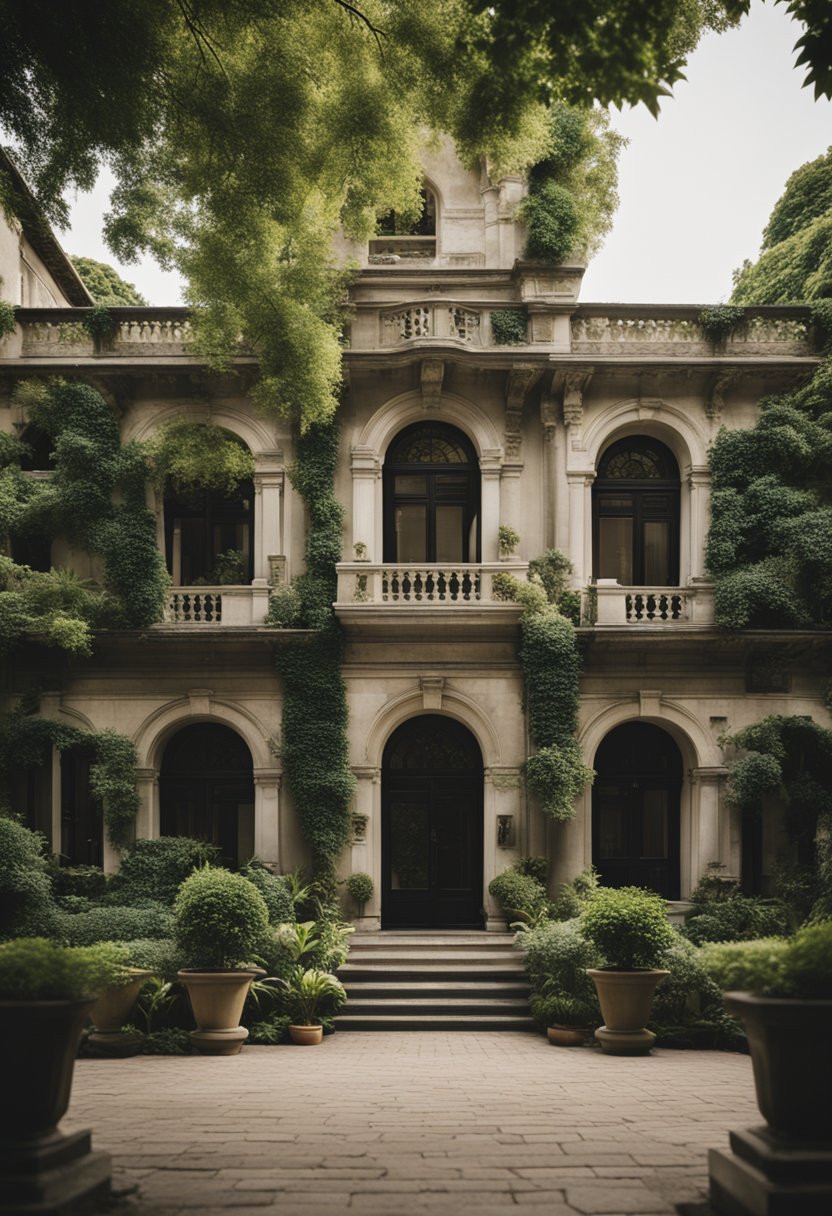 A historic building with intricate architectural details surrounded by lush gardens and towering trees, evoking a sense of timelessness and cultural significance