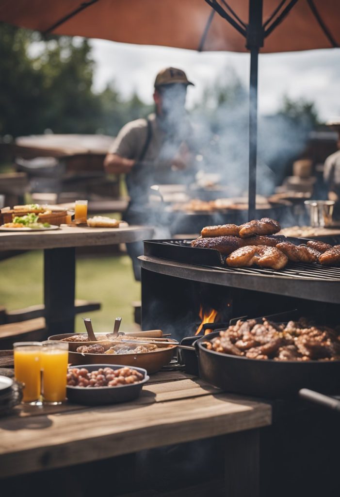 A rustic BBQ joint with smoke billowing from the pit, as customers enjoy hearty meals at outdoor picnic tables – Terry Black’s BBQ in Waco.