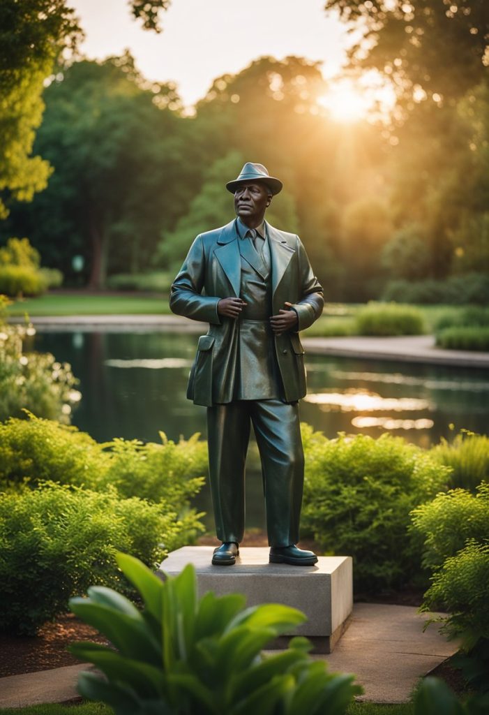 A serene park with a statue of Doris Miller, surrounded by lush greenery and a peaceful pond. The sun sets behind the trees, casting a warm glow over the tranquil scene