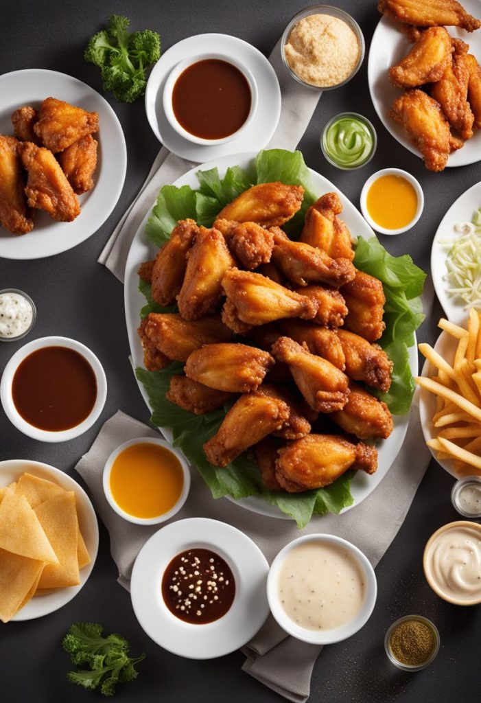 A table with a plate of 10 flavorful chicken wings from Krispy Chicken, surrounded by napkins and dipping sauces