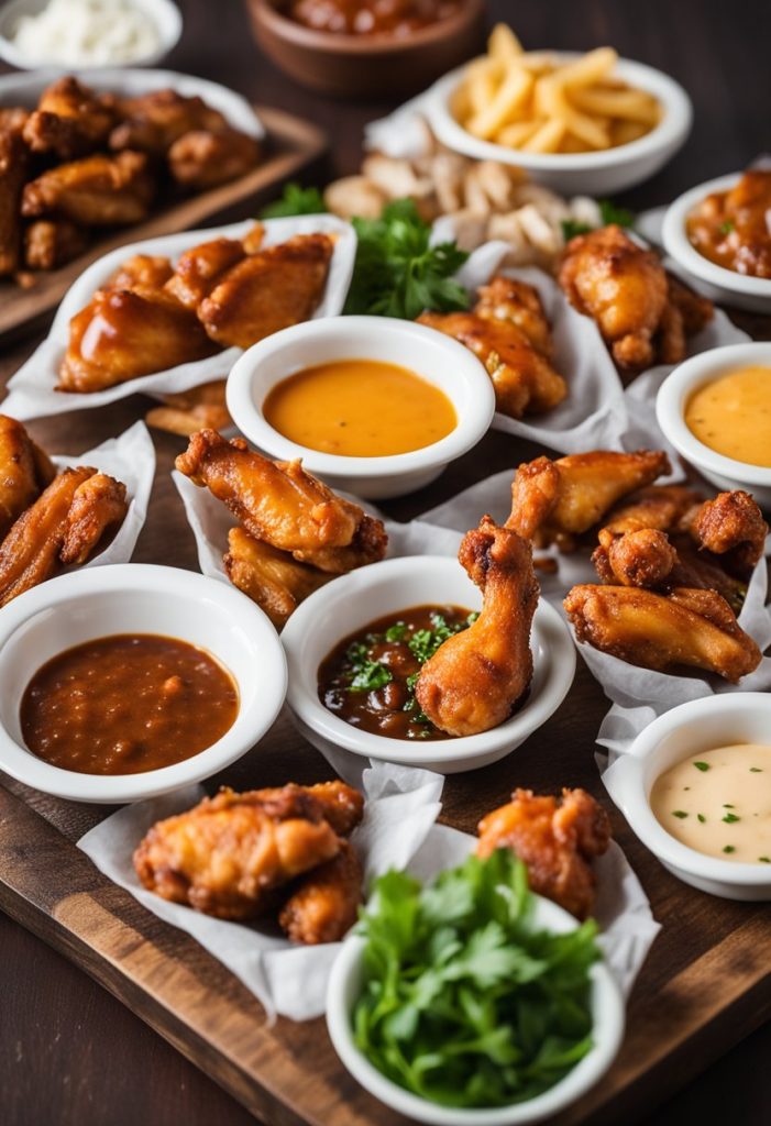 A table set with a variety of chicken wings, each with different sauces and seasonings. A banner reads "It's Just Wings 10 Best Chicken Wings in Waco" above the display