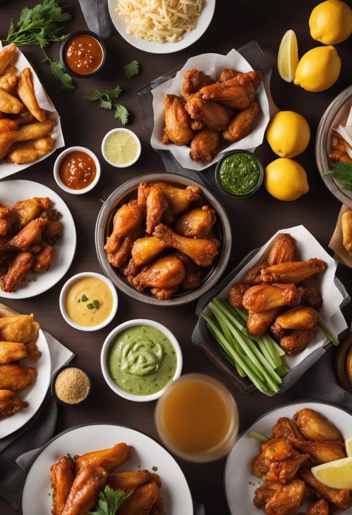 A table with a variety of chicken wing flavors, including classic buffalo and tangy lemon pepper, surrounded by Wingstop branding and a bustling restaurant atmosphere