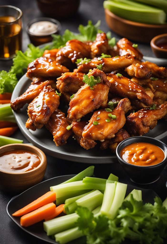 A platter of 10 succulent chicken wings, glistening with tangy sauce, surrounded by a variety of dipping options and a side of crisp celery and carrot sticks