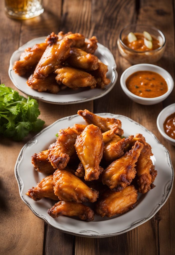 A plate of 10 mouthwatering chicken wings, perfectly crispy and coated in a variety of delicious sauces, displayed on a rustic wooden table at Bubba's 33 in Waco