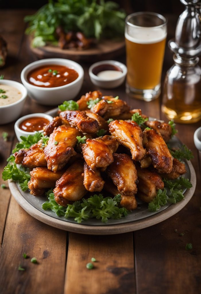 A platter of 10 succulent chicken wings with a variety of sauces, surrounded by a rustic, cozy atmosphere at Cricket’s Grill & Draft House in Waco