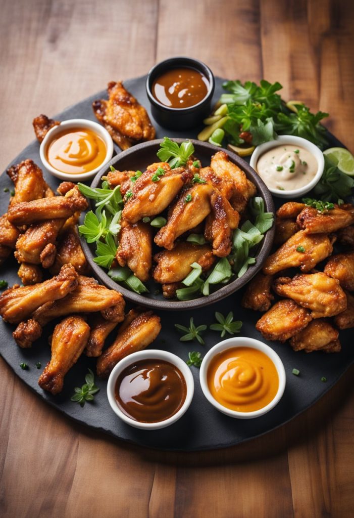 A platter of succulent chicken wings, glistening with savory sauce, surrounded by a variety of dipping sauces and accompanied by a side of crispy fries