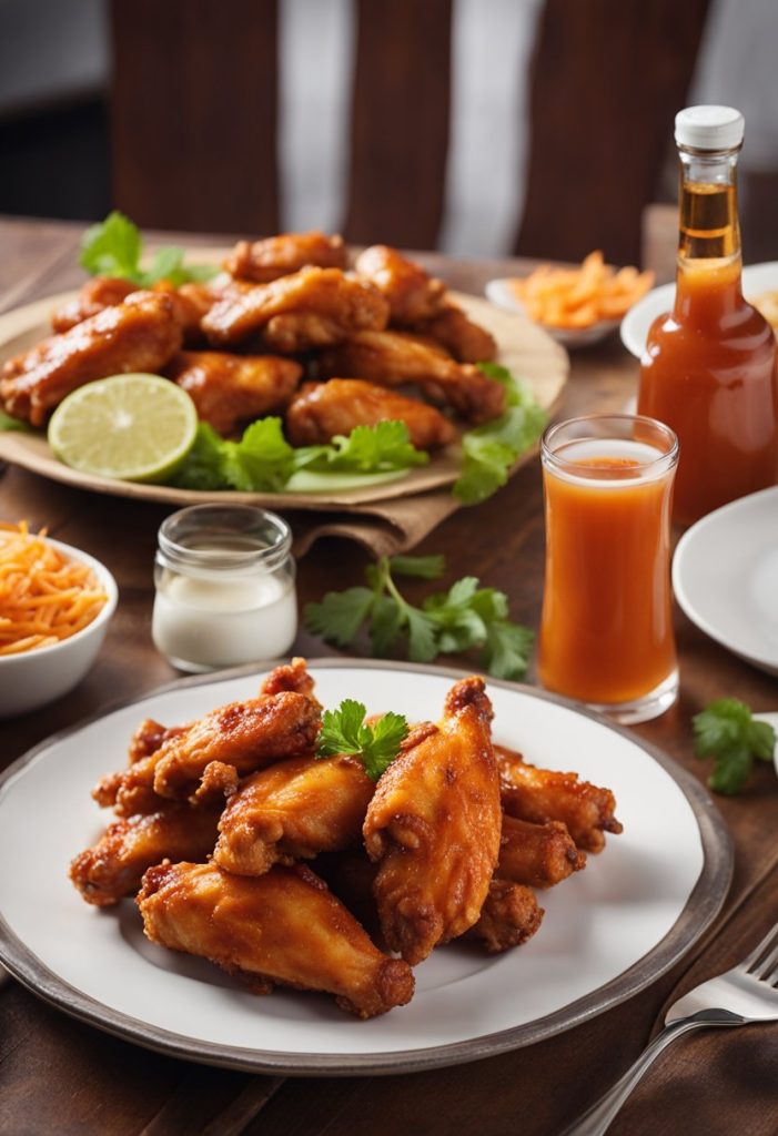 A table set with delicious wings from Poppa Rollo's Pizza, surrounded by napkins and a bottle of hot sauce