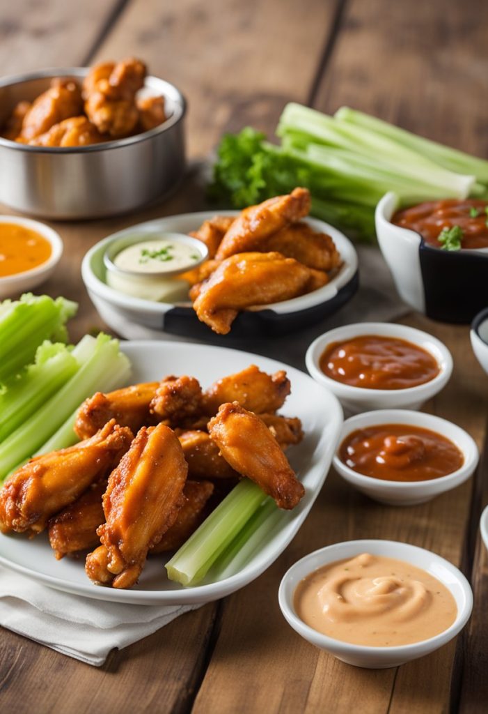 A table with a plate of buffalo wings, celery, and dipping sauce. A sign reads "Buffalo Wild Wings"