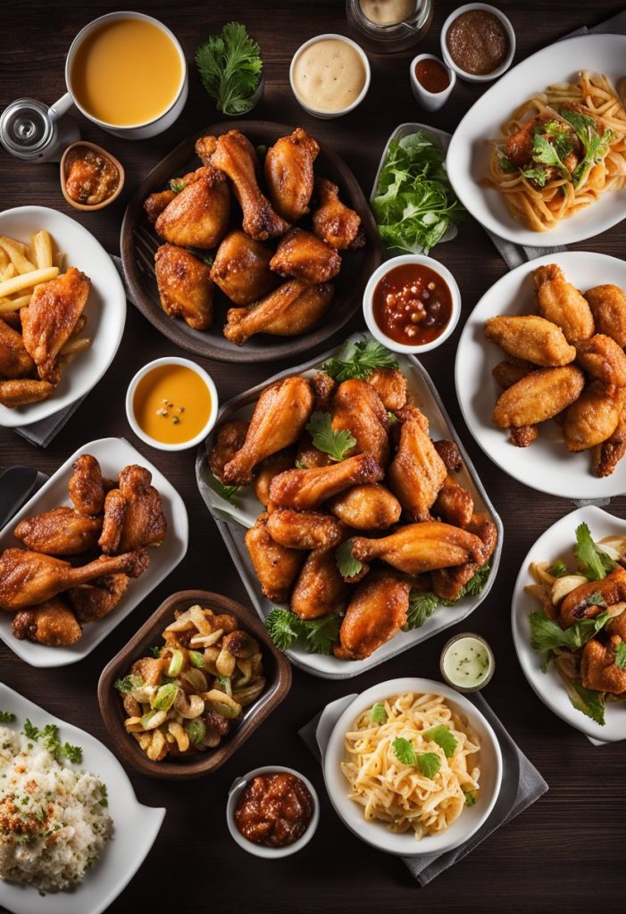 A table with various chicken wing platters showcasing different flavors and presentations