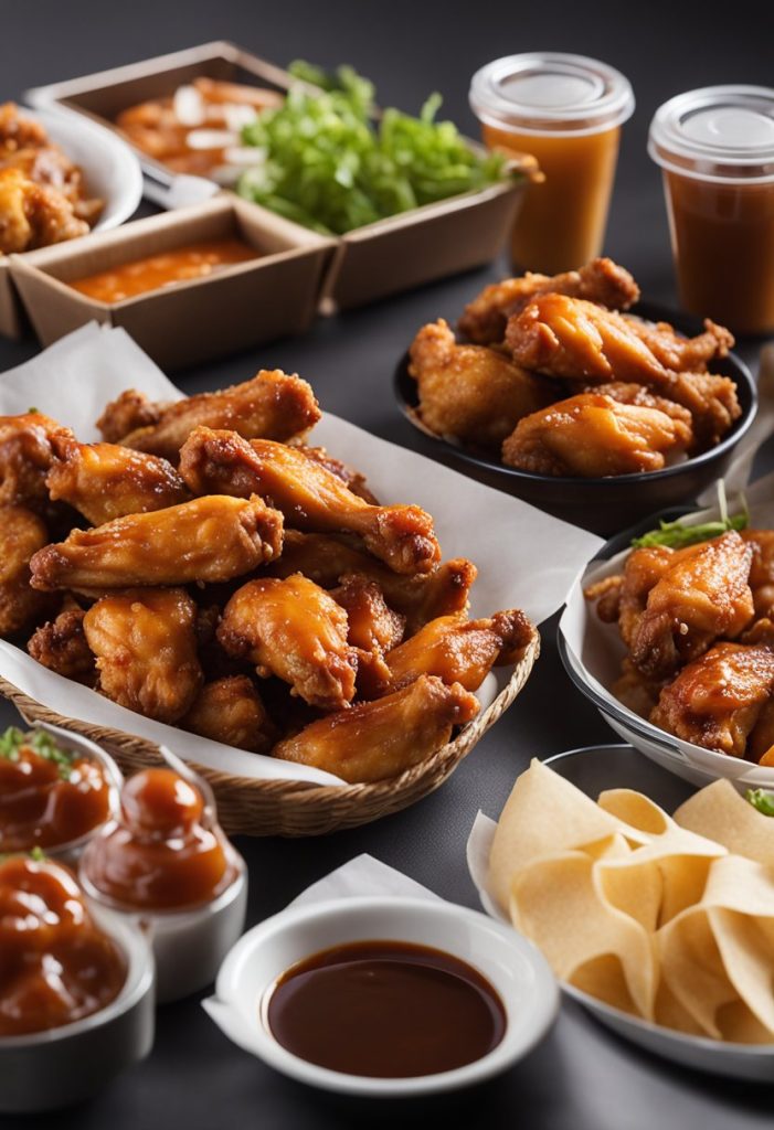 A table with various takeout containers and delivery bags, each filled with delicious-looking chicken wings, surrounded by napkins and dipping sauces