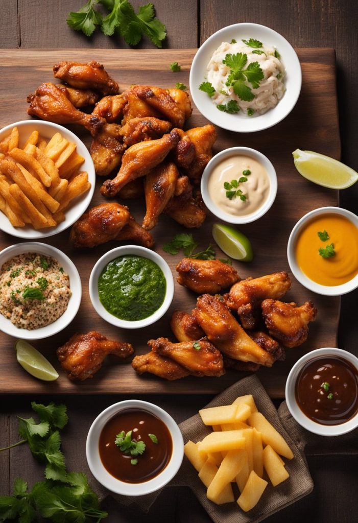 A platter of chicken wing flavors arranged on a rustic wooden board, with various dipping sauces and garnishes. The menu title "Menu Highlights Beyond Wings" is displayed prominently above the platter