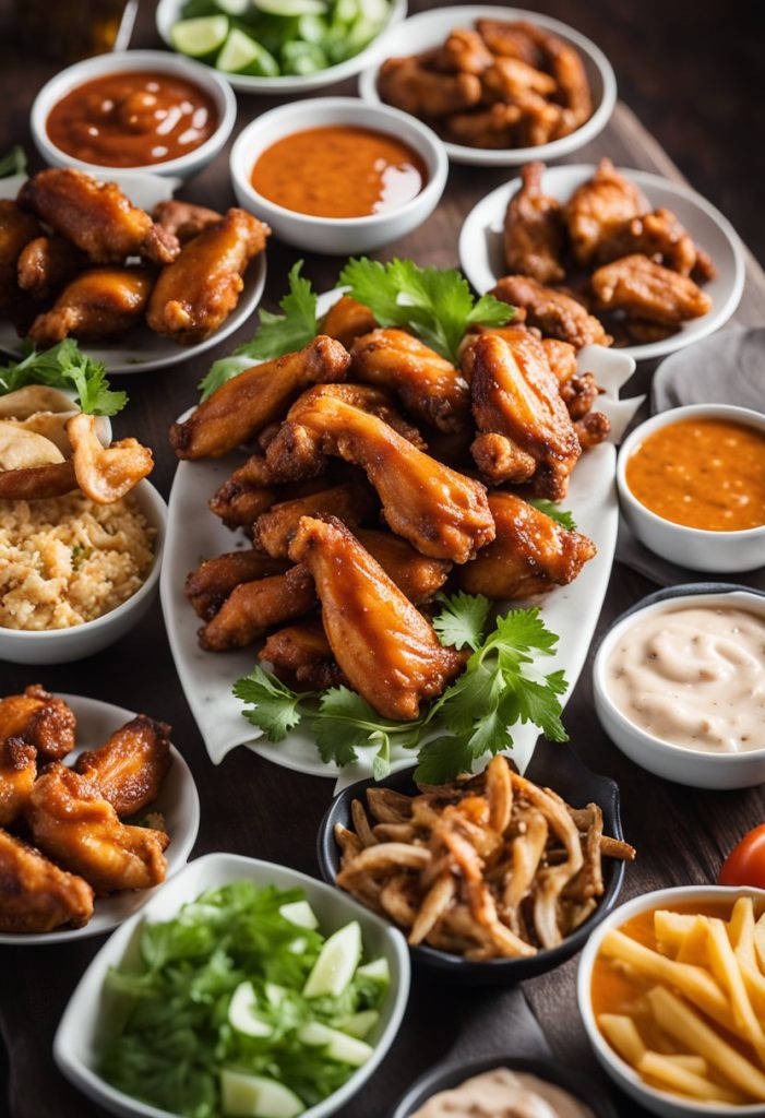 A table filled with various platters of chicken wings, each with different sauces and seasonings. A sign above the table reads "Special Deals and Combos: 10 Best Chicken Wings in Waco."