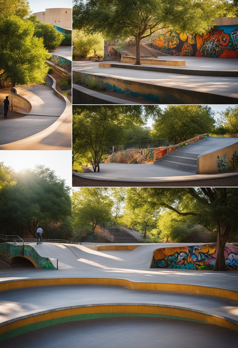The sun shines down on the sprawling Sul Ross Skate Park, with its concrete ramps and rails, surrounded by lush green trees and vibrant graffiti art