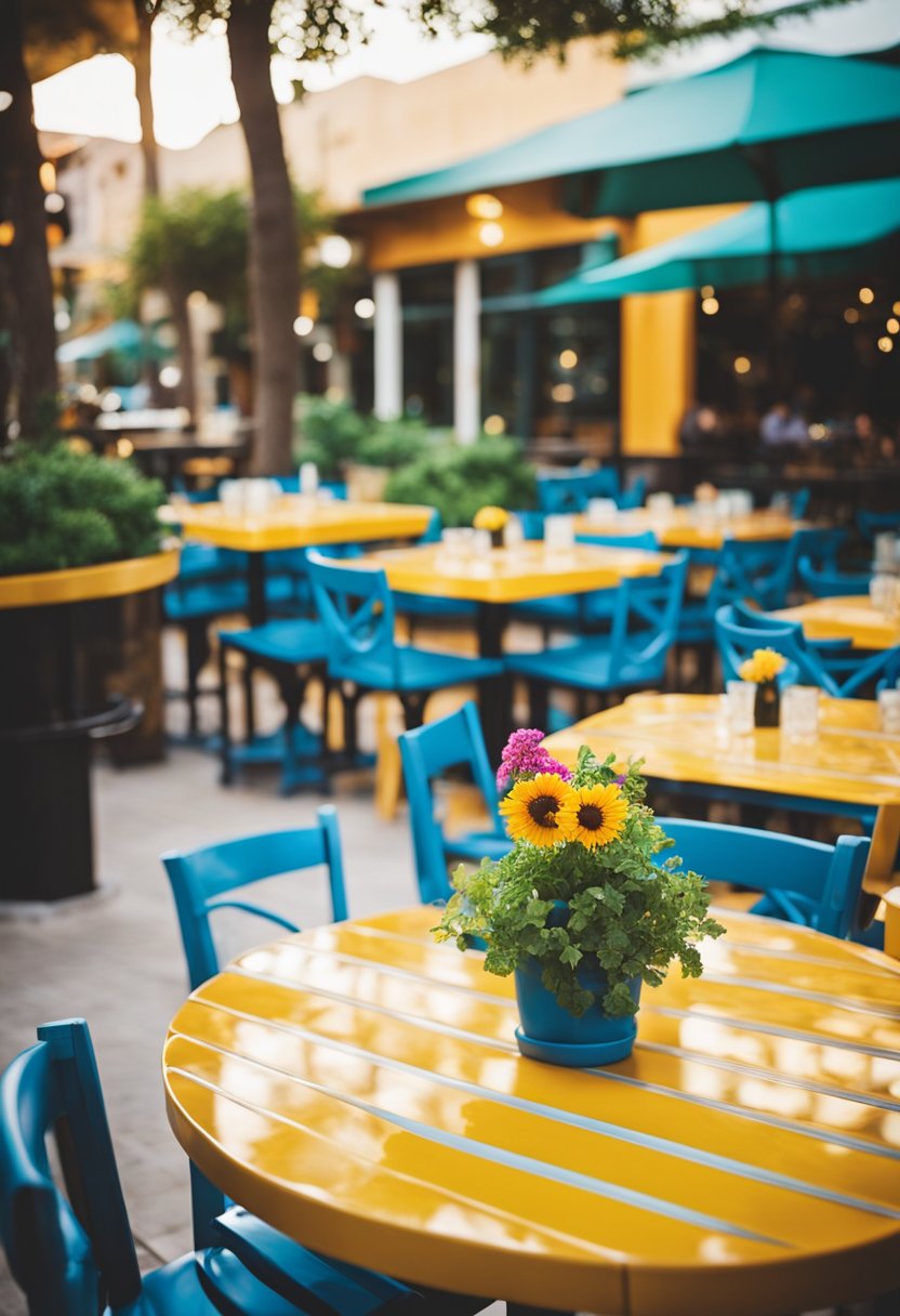 A bustling Mediterranean restaurant with colorful decor, outdoor seating, and a vibrant atmosphere in the heart of Waco