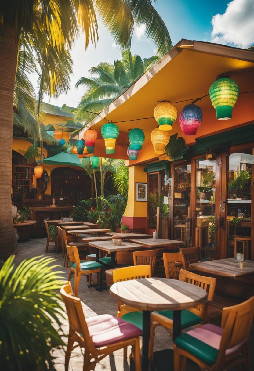 A colorful Jamaican restaurant with reggae music, palm trees, and vibrant murals of tropical scenes. Outdoor patio with wooden tables and hanging lanterns