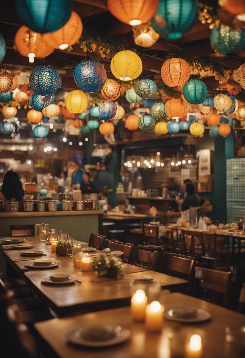 A bustling restaurant with colorful decor, hanging papel picado, and lively music. Tables are filled with patrons enjoying authentic ethnic cuisine