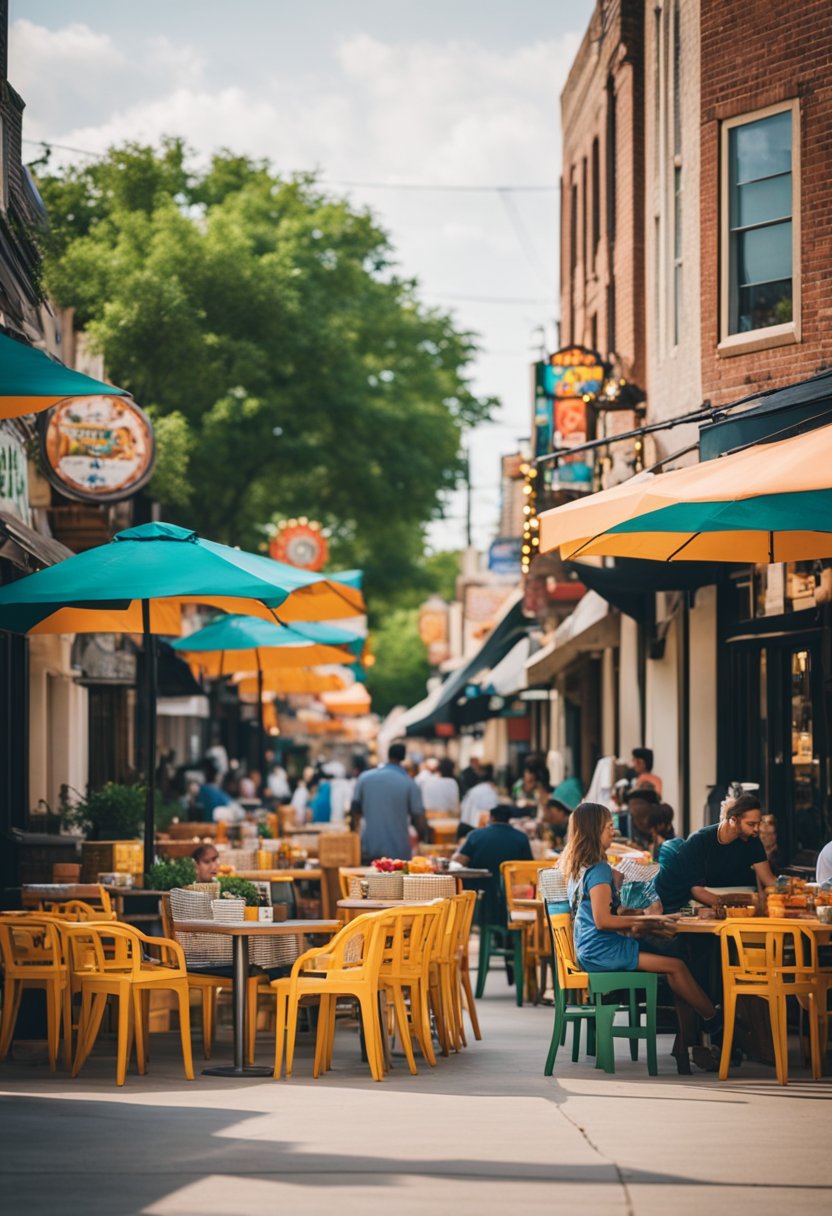 A bustling street lined with colorful ethnic restaurants in Waco, with vibrant signage and outdoor seating, inviting passersby to indulge in diverse cuisines