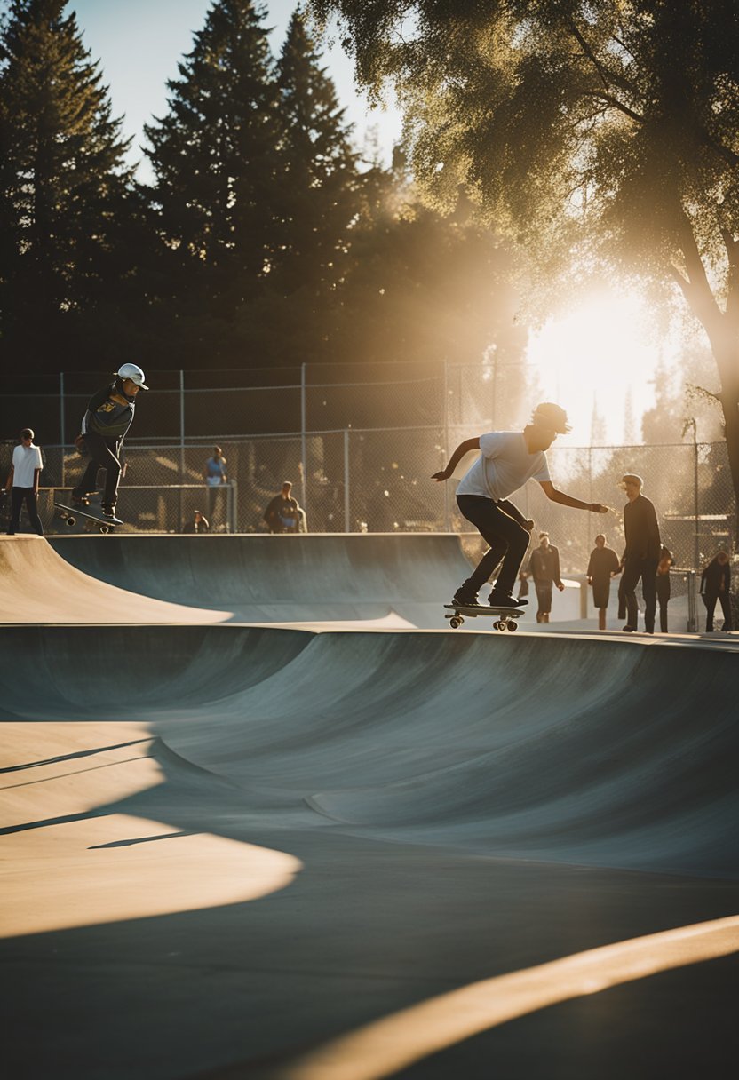 The skate park is bustling with activity as skaters navigate the various ramps, rails, and half-pipes. The sun casts long shadows as skaters perform tricks and maneuvers, creating a vibrant and energetic atmosphere