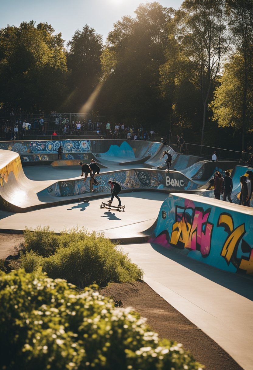 The skate park is filled with vibrant graffiti, skaters wearing safety gear, and signs displaying park policies. A bright sun shines down on the bustling activity