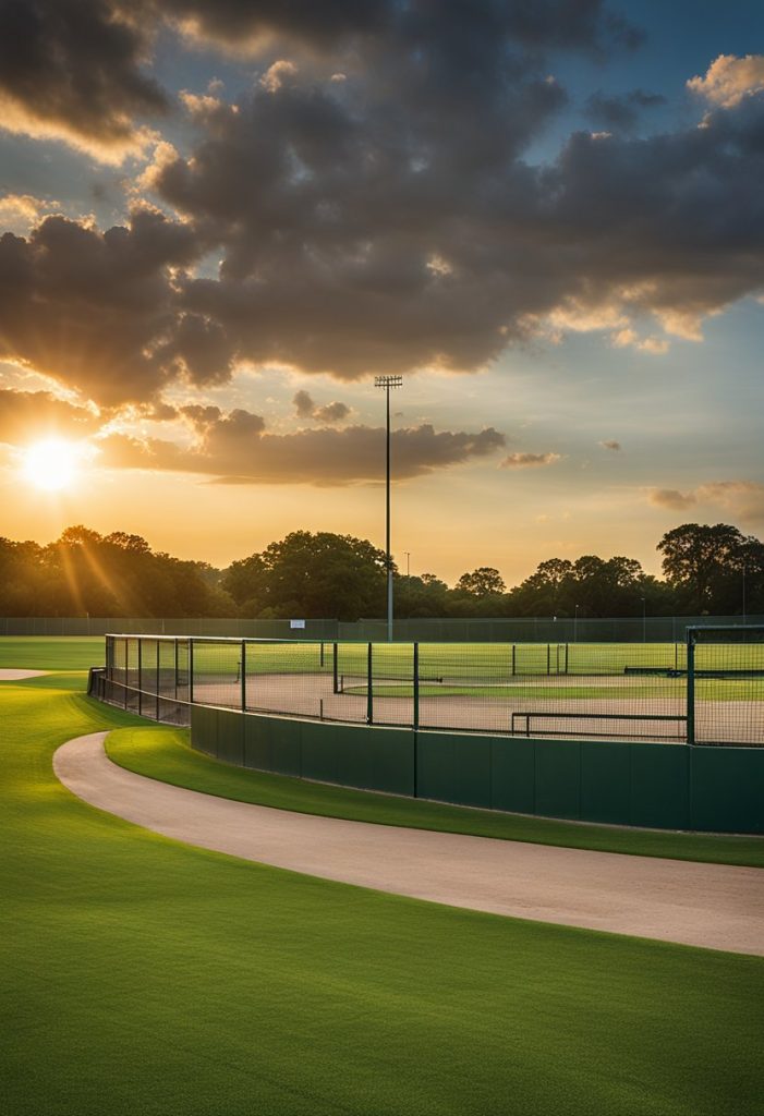 The sun sets behind the sprawling ballfields at Riverbend Park in Waco, casting a warm glow over the green grass and empty dugouts. 