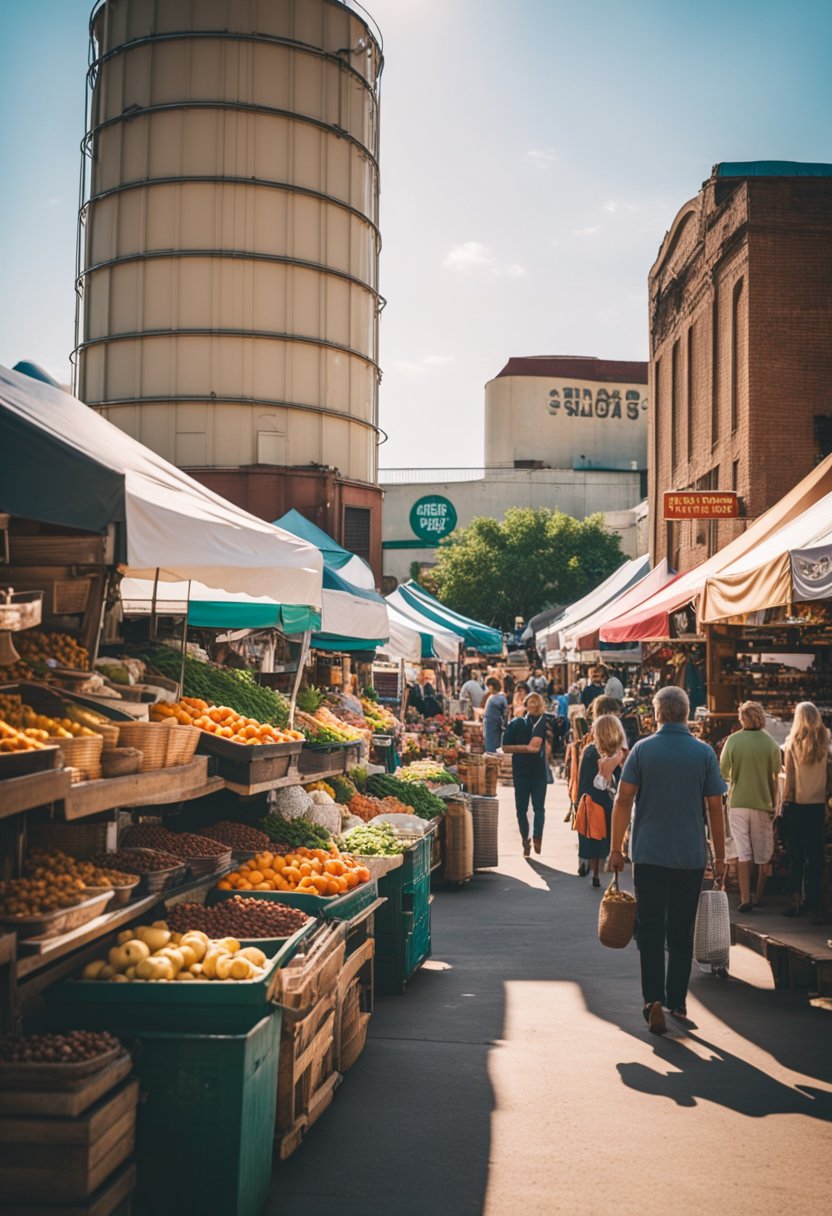 A bustling market with colorful stalls, surrounded by lively music and the scent of local foods. The iconic silos stand tall against the vibrant backdrop of local culture in Waco