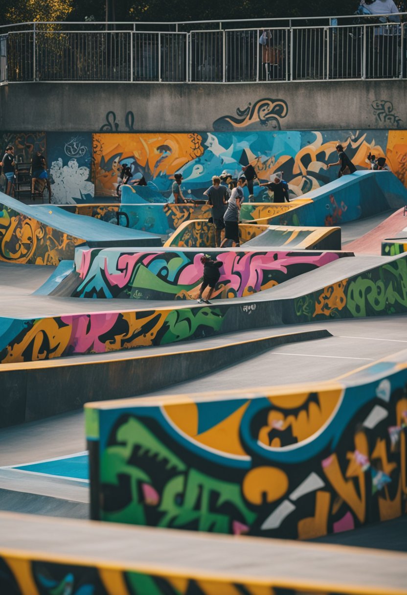 A vibrant skate park with ramps and rails, surrounded by a diverse community of skaters and spectators, with colorful graffiti art decorating the concrete surfaces