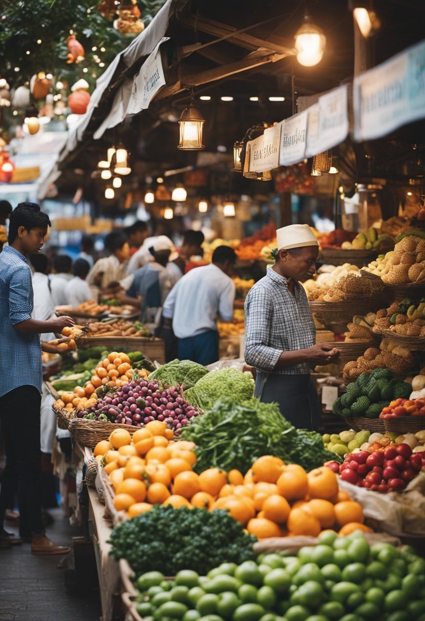 A bustling market with colorful stalls, showcasing local produce and handmade crafts. The aroma of fresh food fills the air as people mingle and explore