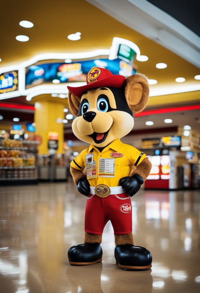 A bustling Buc-ee's in Ennis, Texas, with a giant beaver mascot, gas pumps, and a crowded parking lot. Tall signs advertise snacks and clean restrooms