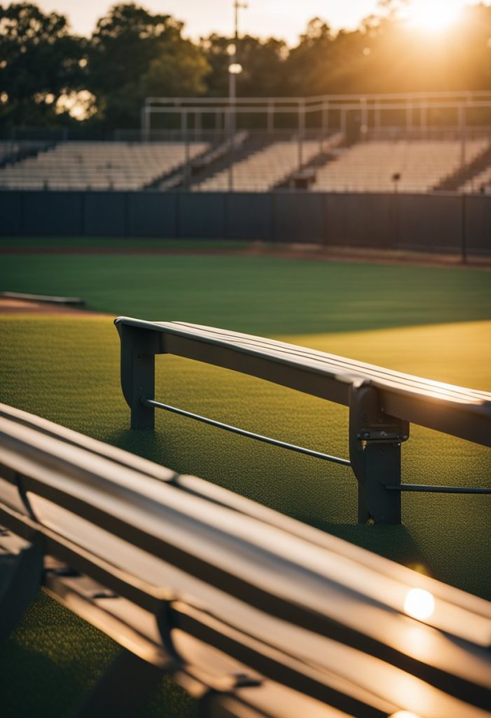 The sun sets behind the sprawling ballfields at Riverbend Park in Waco, casting a warm glow over the green grass and empty bleachers