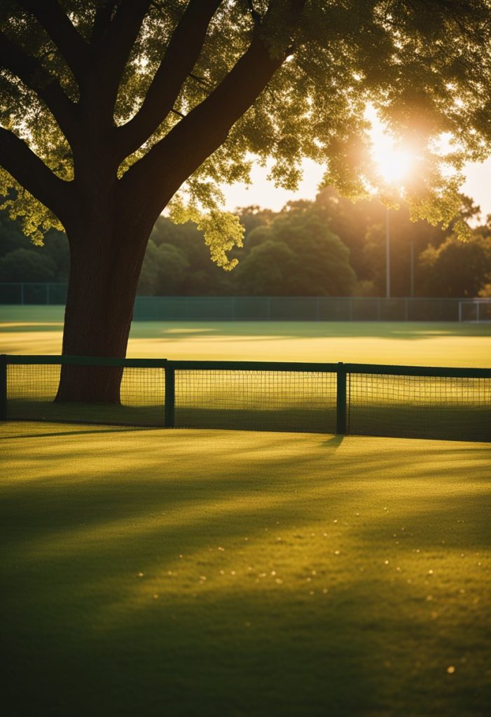 The sun sets behind the sprawling ballfields, casting a warm glow over the lush green grass and the towering trees that line the edge of the park