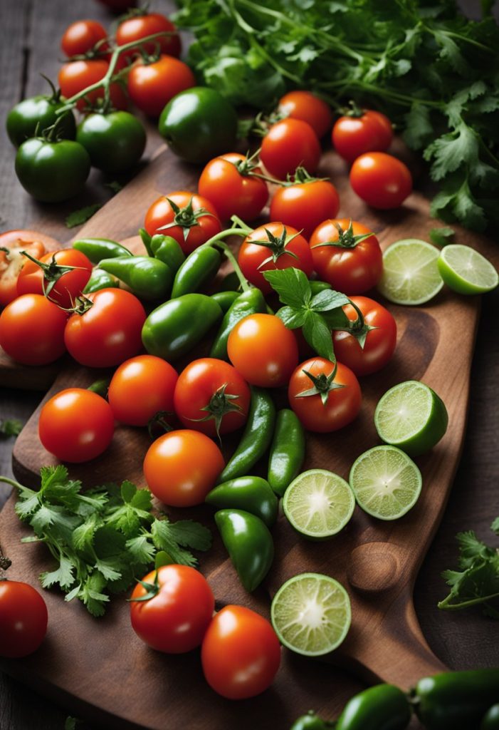 A colorful array of fresh tomatoes, jalapeños, and cilantro piled high on a wooden cutting board, ready to be transformed into Rufi's famous salsa