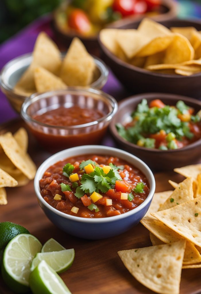 A colorful bowl of chunky salsa sits next to a basket of freshly fried tortilla chips on a vibrant table at Molly's Restaurant in Waco