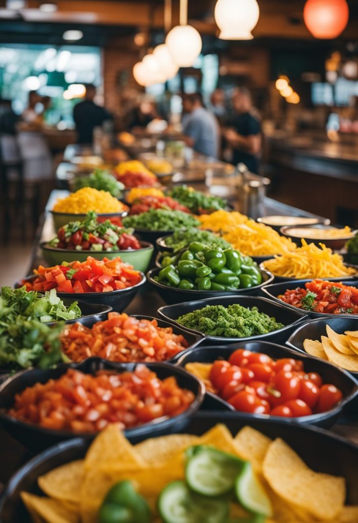 A vibrant salsa bar with colorful peppers and tomatoes, surrounded by chips and tacos at Wako Taco in Waco