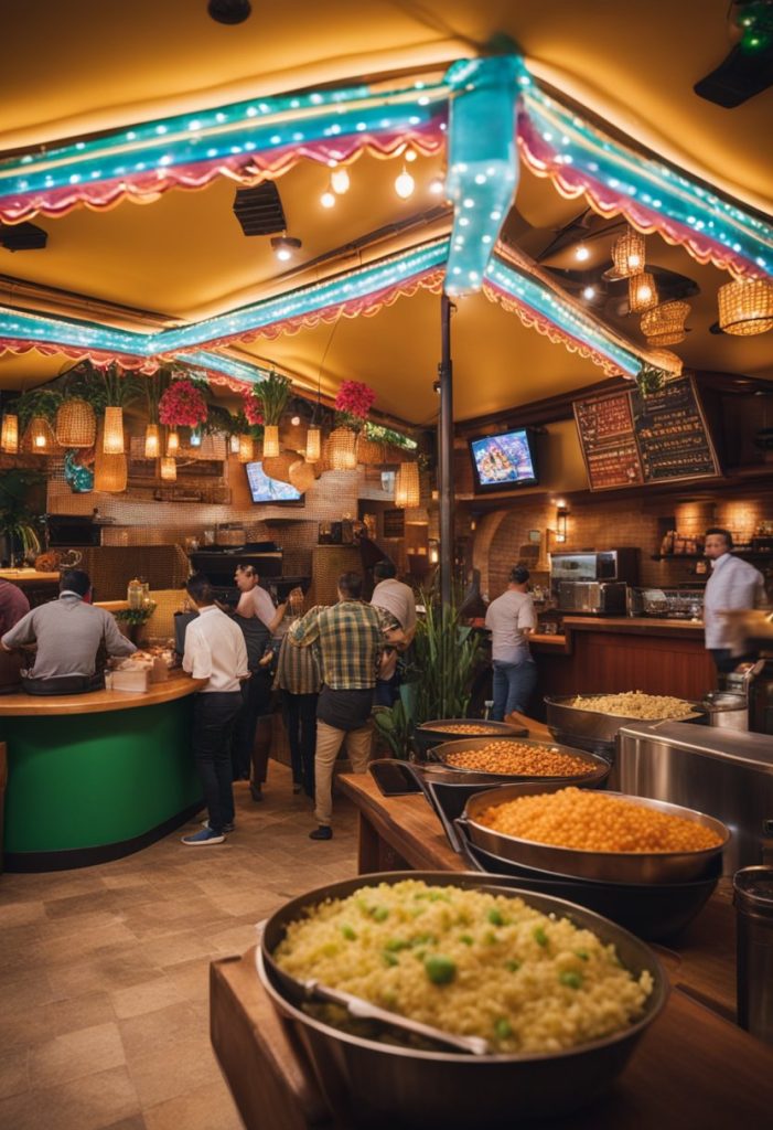 A lively cantina with vibrant decor and a salsa bar. Customers enjoy authentic Mexican cuisine and live music