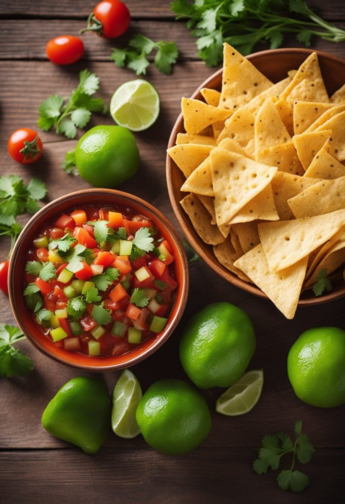 Vibrant red and green salsa in a colorful ceramic bowl, surrounded by tortilla chips and fresh cilantro. Bright, inviting atmosphere