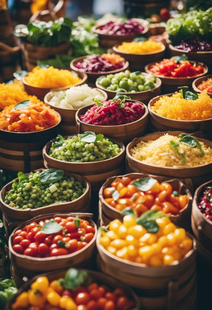 A vibrant market stall with colorful jars of salsa, surrounded by fresh vegetables and lively music