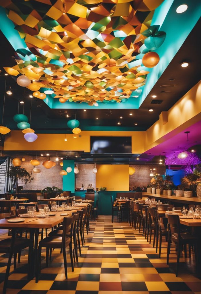 A vibrant with colorful decor, lively music, and tables