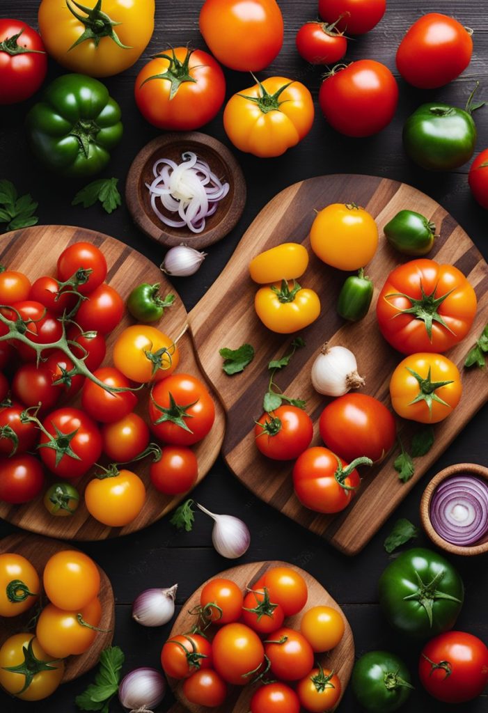 A colorful array of fresh tomatoes, onions, and peppers, neatly arranged on a wooden cutting board.