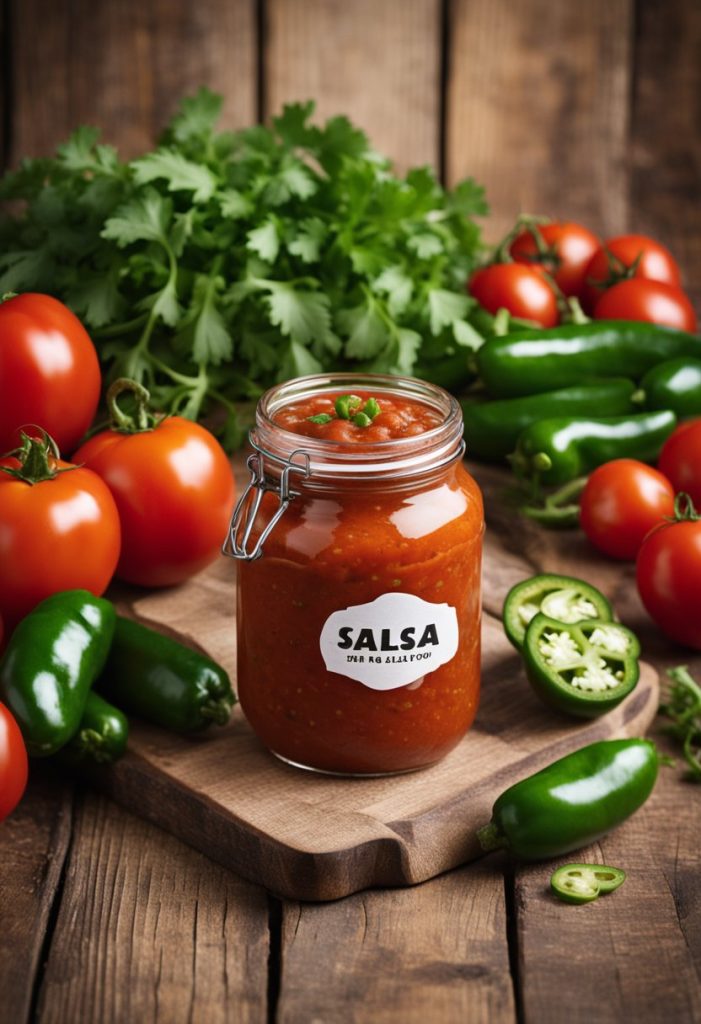 A jar sits on a rustic wooden table, surrounded by fresh tomatoes, cilantro, and jalapenos.