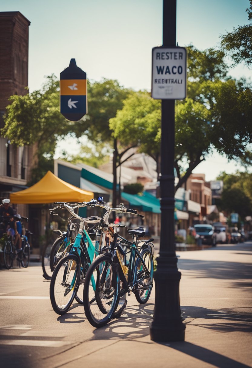 A bustling street corner with colorful bike rental shops and cyclists riding along scenic trails in Waco