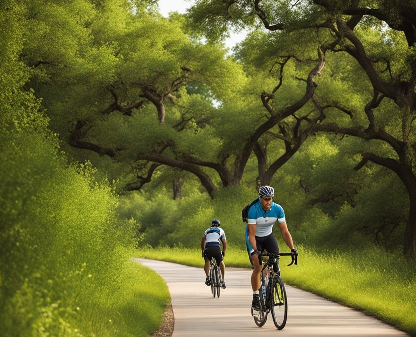 Cyclists riding along a scenic trail in Waco, Texas.