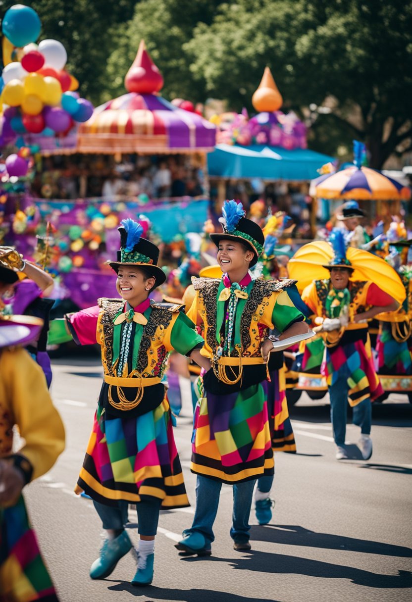 A colorful parade of floats, dancers, and musicians fills the streets of Waco, Texas. Brightly decorated booths line the sidewalks, offering a variety of food, crafts, and games. The air is filled with the sound of laughter and music as
