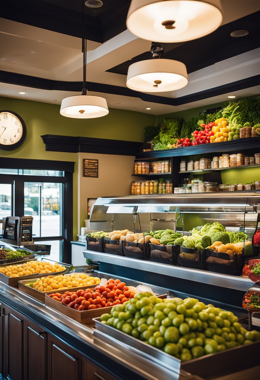 Bright, modern interior with fresh produce on display. Customers enjoying colorful, nutritious meals. Clean, inviting atmosphere at Newk's Eatery in Waco