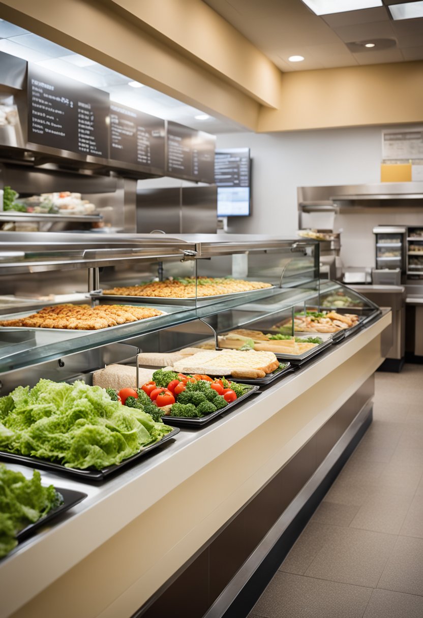 A bright, spacious deli with colorful salad bar and fresh sandwich display. Patrons enjoy healthy meals at tables or grab takeout